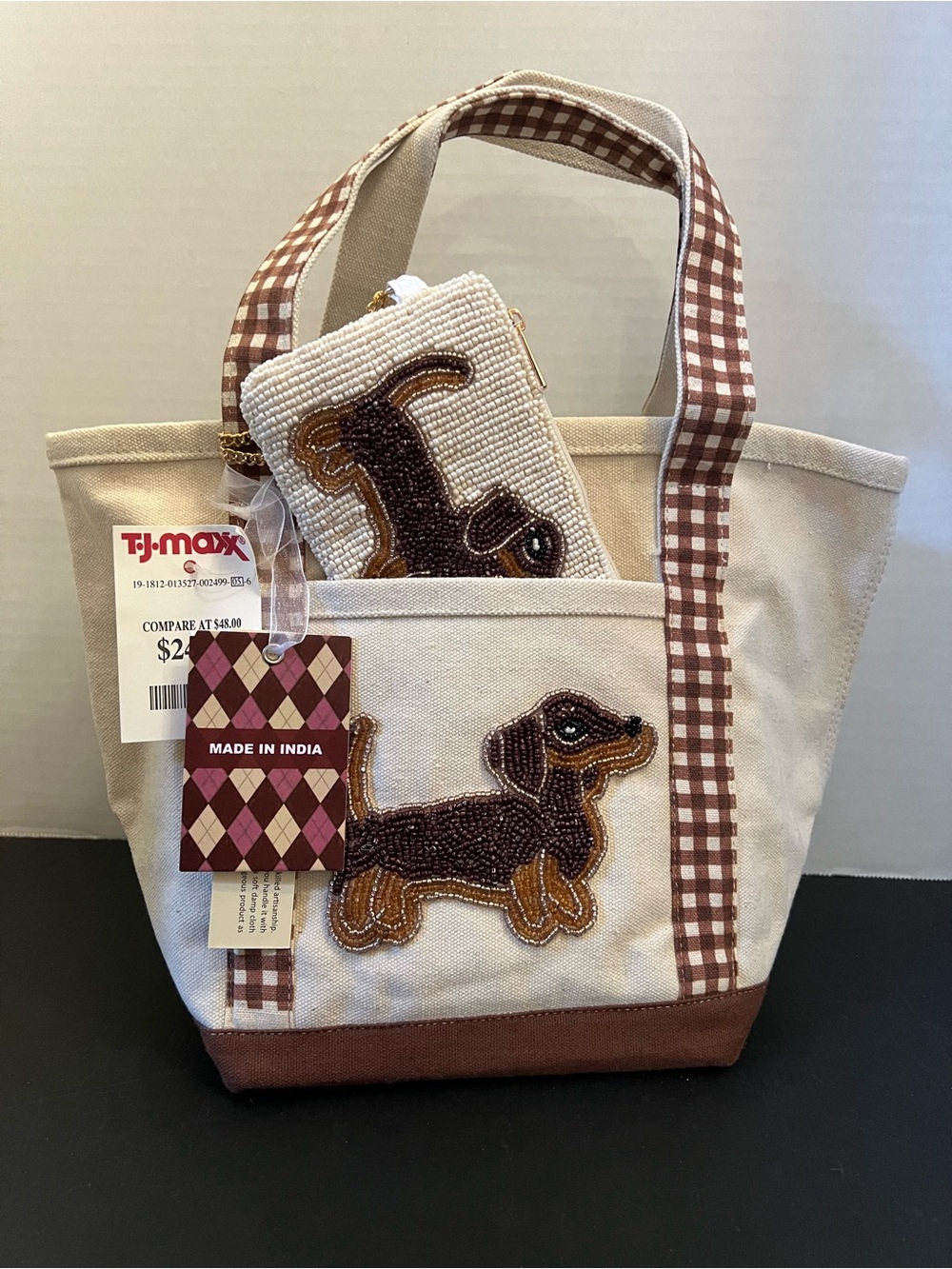 Beaded Dachshund Canvas Tote Bag - Beige and Brown